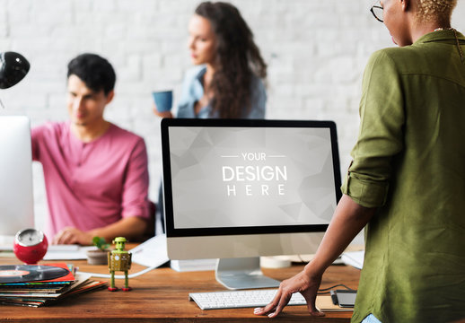 Desktop Computer User Standing at Desk Mockup