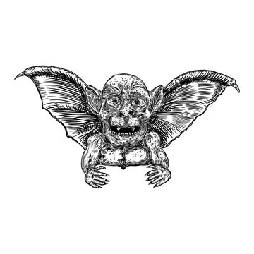 Mythological ancient gargoyle creatures human and dragon like chimera with bat wings. Mythical gargouille with sharp fangs and claws. Engraved hand drawn sketch. Vector.