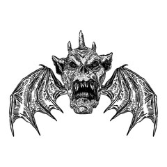 Devil head with big demon horns or antlers and sharp fangs. Satan or Lucifer fallen angel depiction with vampire wings. Gargoyle human like chimera fantastic beast creature with scary face. Vector.