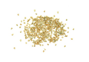 Pile of buckwheat grain isolated on white background close up. Ancooked buckwheat.