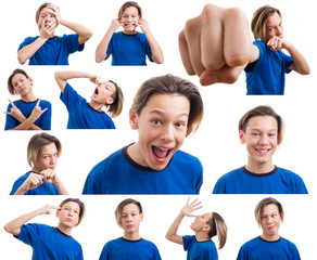 Fototapeta premium attractive teenager making faces on white background close-up
