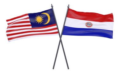 Malaysia and Paraguay, two crossed flags isolated on white background. 3d image