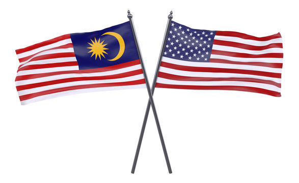 Malaysia and USA, two crossed flags isolated on white background. 3d image