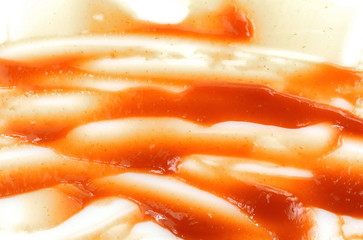 Closeup red ketchup tomato sauce isolated on white background. Tomato sauce on white background.