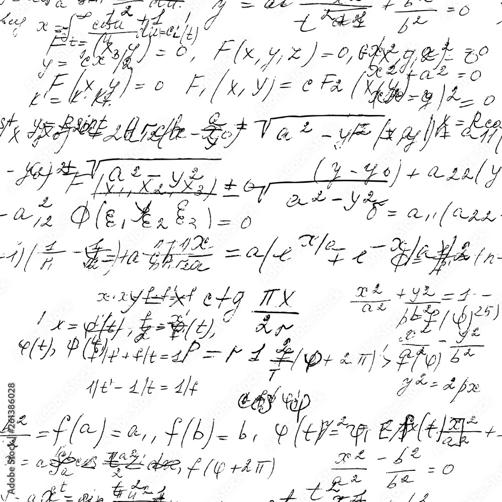 Poster math seamless board with handwritten mathematical and physics formulas and proves. vector