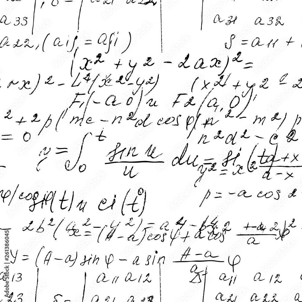 Poster math seamless board with handwritten mathematical and physics formulas and proves. vector