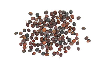 Dried medicinal herbs raw materials isolated on white. Fruit of Crataegus commonly called hawthorn, thornapple, May-tree, whitethorn, or hawberry. Cure for the heart. medicine in a cup of tea.