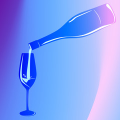 a bottle of wine and a glass on a bright neon background