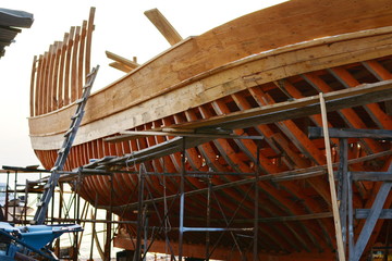 Construction of a ship in Ierissos, Greece. Little shipyard of wooden ships.