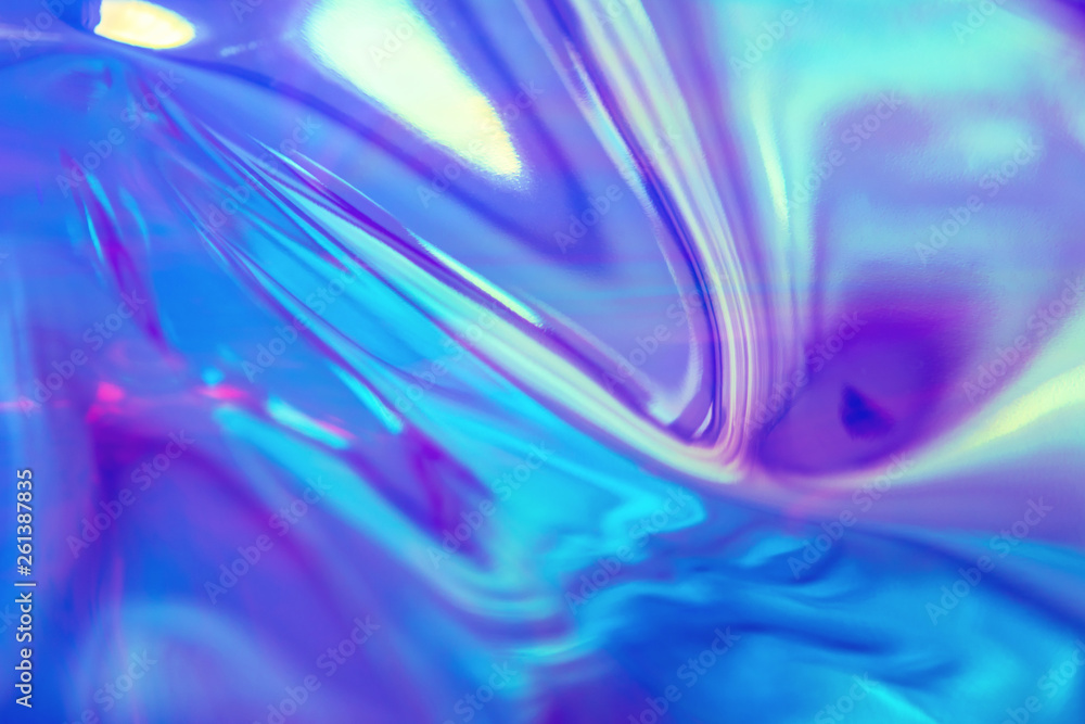 Poster abstract trendy holographic background in 80s style. real texture in violet, pink and mint colors wi