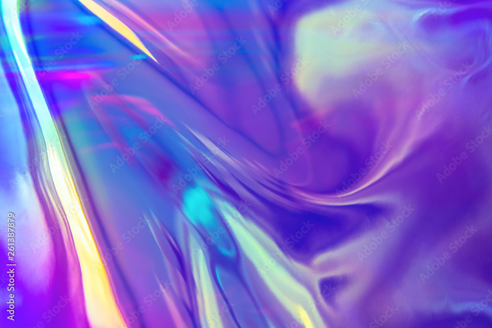 Poster abstract trendy holographic background in 80s style. real texture in violet, pink and mint colors wi