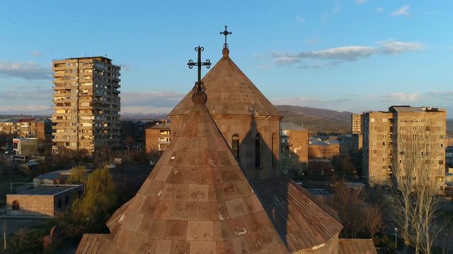 Aerial view of St. Sarkis Church, Armenia - Yerevan - Nor Nork - Aerial shot 4K