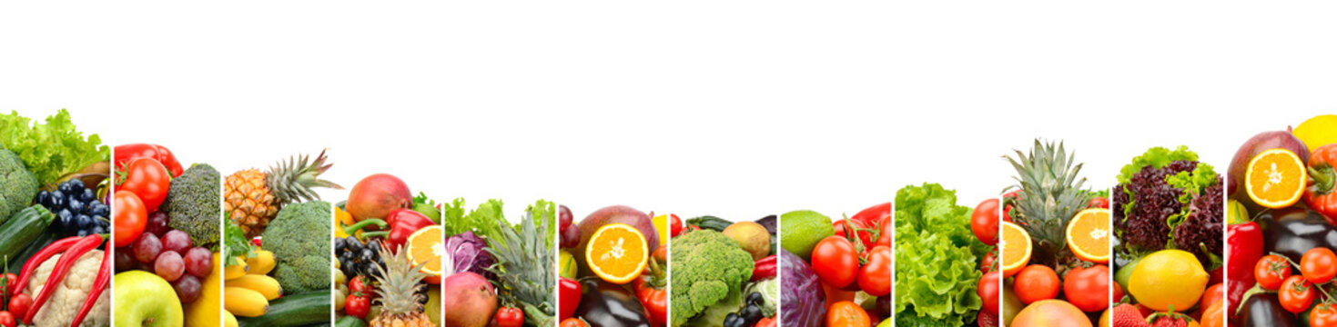 Panorama Fruits And Vegetables Isolated On White Background.