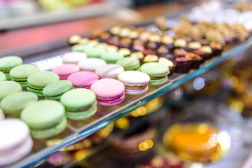 Variety of sweets and desserts in a shop