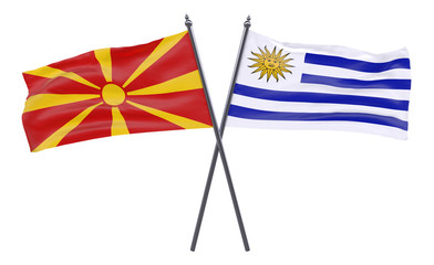 Macedonia and Uruguay, two crossed flags isolated on white background. 3d image