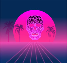 Fototapeta premium Purple and pink spectrum background with palm trees and skull, vaporwave style.