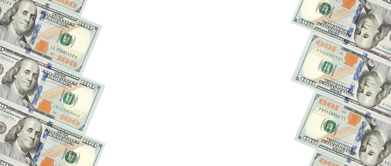 A frame of two rows of bills of one hundred dollars. White background on center line