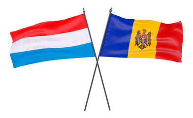Luxembourg and Moldova, two crossed flags isolated on white background. 3d image