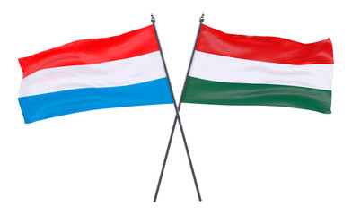 Luxembourg and Hungary, two crossed flags isolated on white background. 3d image