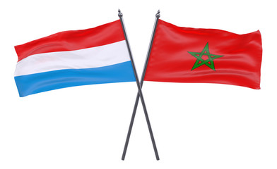Luxembourg and Morocco, two crossed flags isolated on white background. 3d image