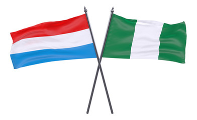 Luxembourg and Nigeria, two crossed flags isolated on white background. 3d image