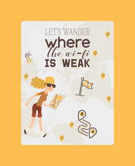 Navigation vector woman traveler character traveling by map road location gps sign illustration backdrop direction icons route street pin marker background design navigator