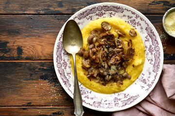 Polenta with fried mushrooms, parmesan cheese and caramelized onion.Top view with copy space.