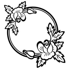 Decorative round flowers frame with black and white roses, monochrome plants, contour. Template for print, invitation and greeting card. Eps10 vector illustration.