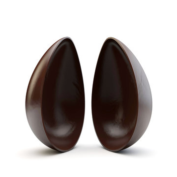 Two halves of a chocolate easter egg split apart. 3D Render