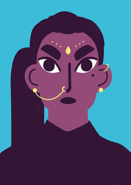 Graphic portrait of indian woman with blue background