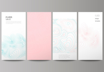 The minimalistic vector illustration of the editable layout of flyer, banner design templates. Topographic contour map, abstract monochrome background.