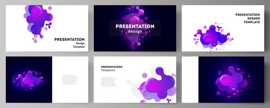 The minimalistic abstract vector illustration of the editable layout of the presentation slides design business templates. Black background with fluid gradient, liquid blue colored geometric element.