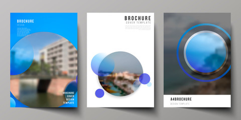 The vector layout of A4 format modern cover mockups design templates for brochure, magazine, flyer, booklet, annual report. Creative modern blue background with circles and round shapes.