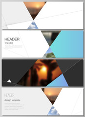 The minimalistic vector illustration of the editable layout of headers, banner design templates. Creative modern background with blue triangles and triangular shapes. Simple design decoration.