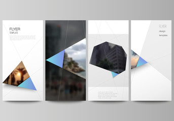 The minimalistic vector illustration of the editable layout of flyer, banner design templates. Creative modern background with blue triangles and triangular shapes. Simple design decoration.