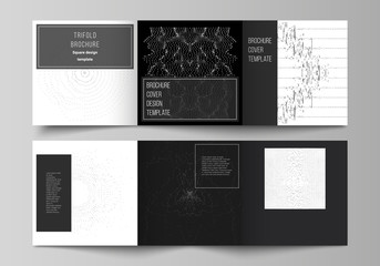 Minimal vector editable layout of square format covers design templates for trifold brochure, flyer, magazine. Trendy modern science or technology background with dynamic particles. Cyberspace grid.