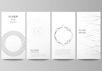 The minimalistic vector illustration of the editable layout of flyer, banner design templates. Trendy modern science or technology background with dynamic particles. Cyberspace grid.