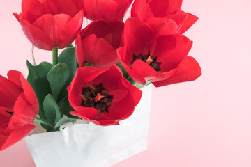 Flowers composition festive. Pink tulips in white paper bag on pastel pink background. Flat lay, top view, copy space 