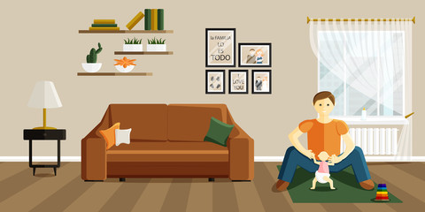 Vector Flat Illustration of Change of Gender Roles. Man on Maternity Leave. Father is Playing with his Baby. Phrase in Spanish in Illustration means that family is everything