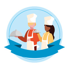 couple of professional workers with ribbon frame