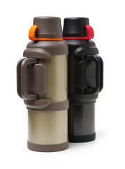 Metal thermos close up, isolate on a white background