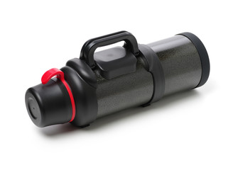 Metal thermos close up, isolate on a white background