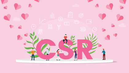 csr corporate social responsibility concept big text with people team work working with modern pink color - vector