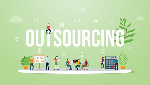 outsourcing business concept big text with people team work working with modern green color - vector