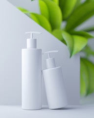 3d illustartion. Herbal dermatology cosmetic hygienic cream skincare product in plastic jar on herbal background in bathroom