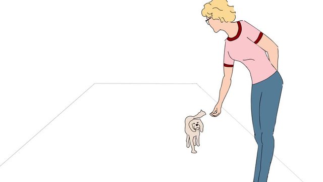 Cute hand drawn animation. Color cartoon of a woman teaching her dog to sit and stay. White background.