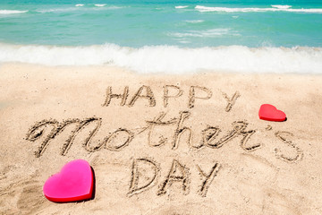 Happy Mothers day beach background with handwritten lettering