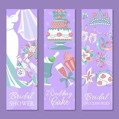 Bridal shower set of banners vector illustration. Save the date. Wedding cake. Wedding accessories such as flower bouquet, dress, glass with champagne, cake, gloves, shoes, garters.