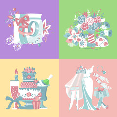 Wedding accessories banner vector illustration. Save the date. Preparing for party celebration. Marriage elements flower bouquet, dress, glass with champagne, cake, gloves, shoes, garters.