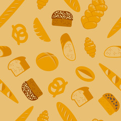 Bread seamless pattern. Different types of bread products on a light brown background